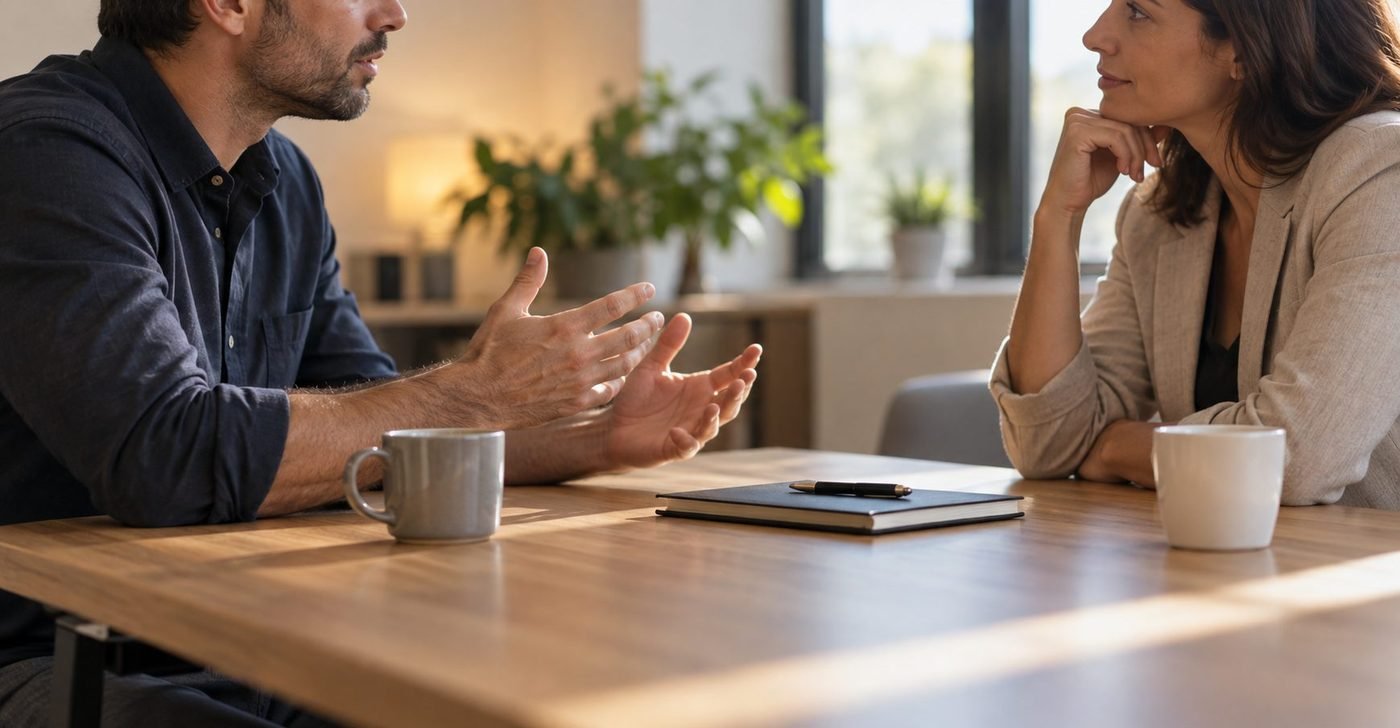 Advogado conversando com uma cliente à mesa do escritório