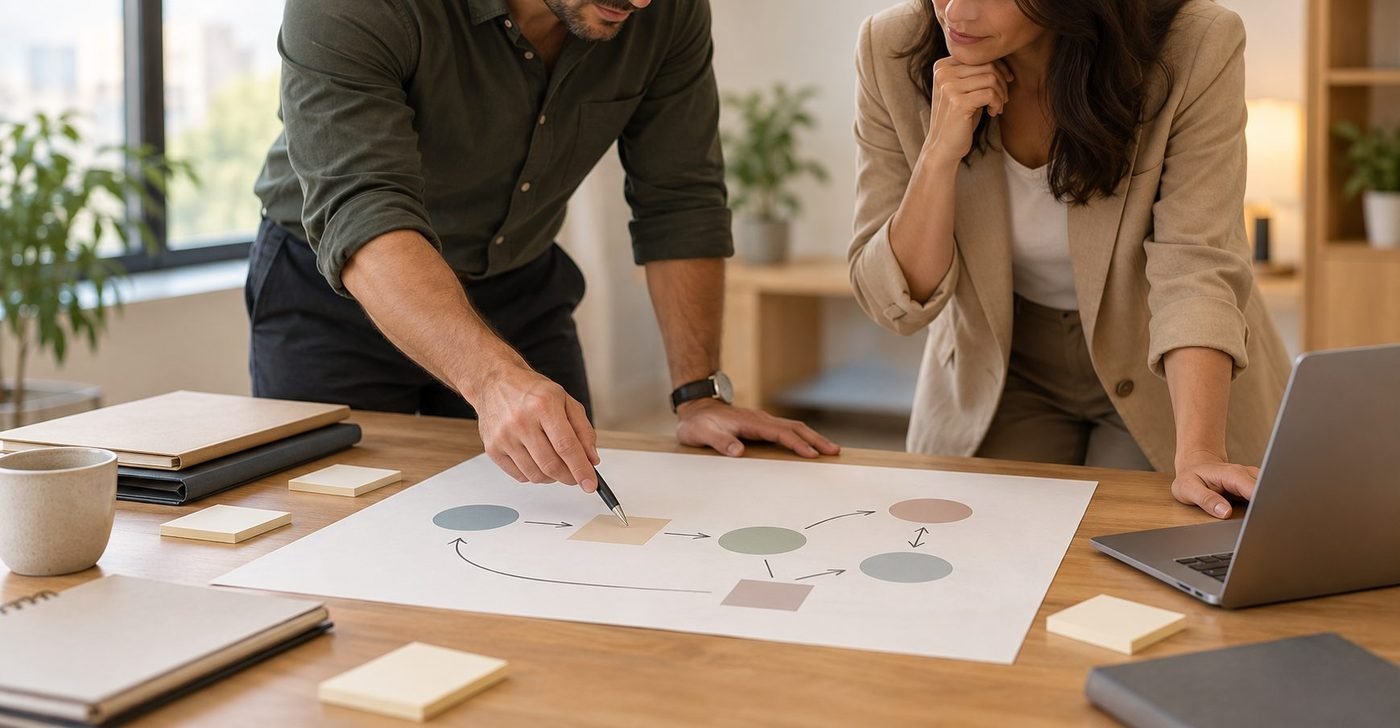 Duas pessoas analisando um esquema de estratégia desenhado sobre a mesa